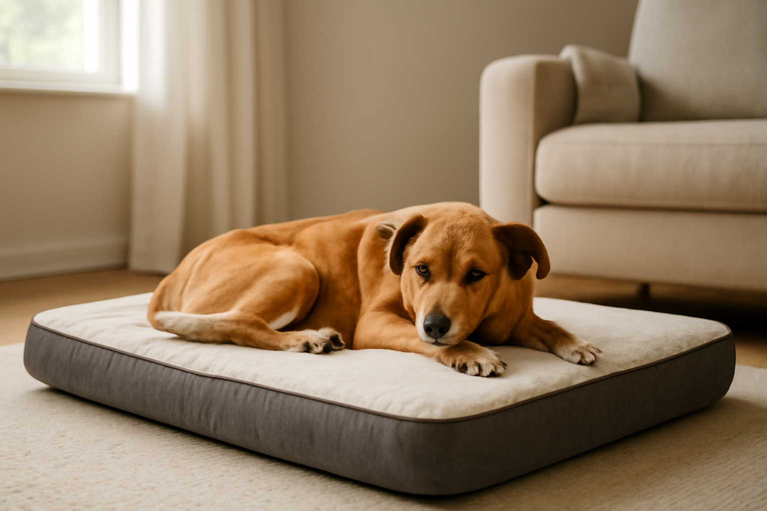 Anjing berbaring di tempat tidur ortopedi di ruang tamu