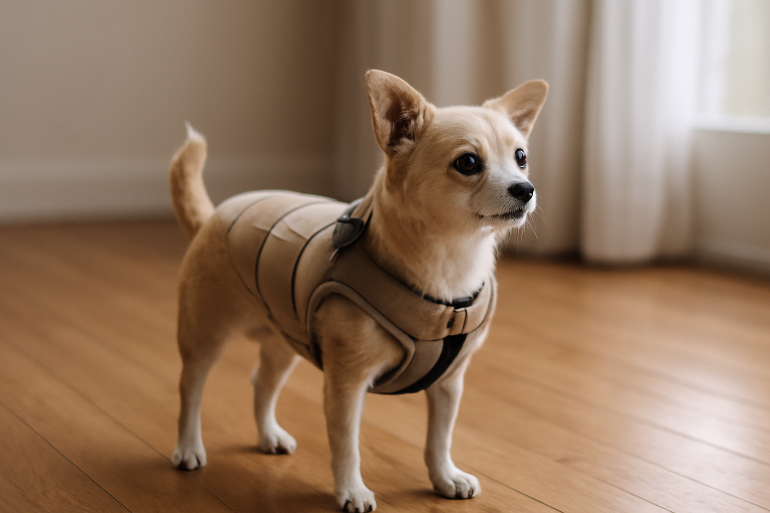 Anjing kecil memakai harness vest berwarna netral di dalam rumah