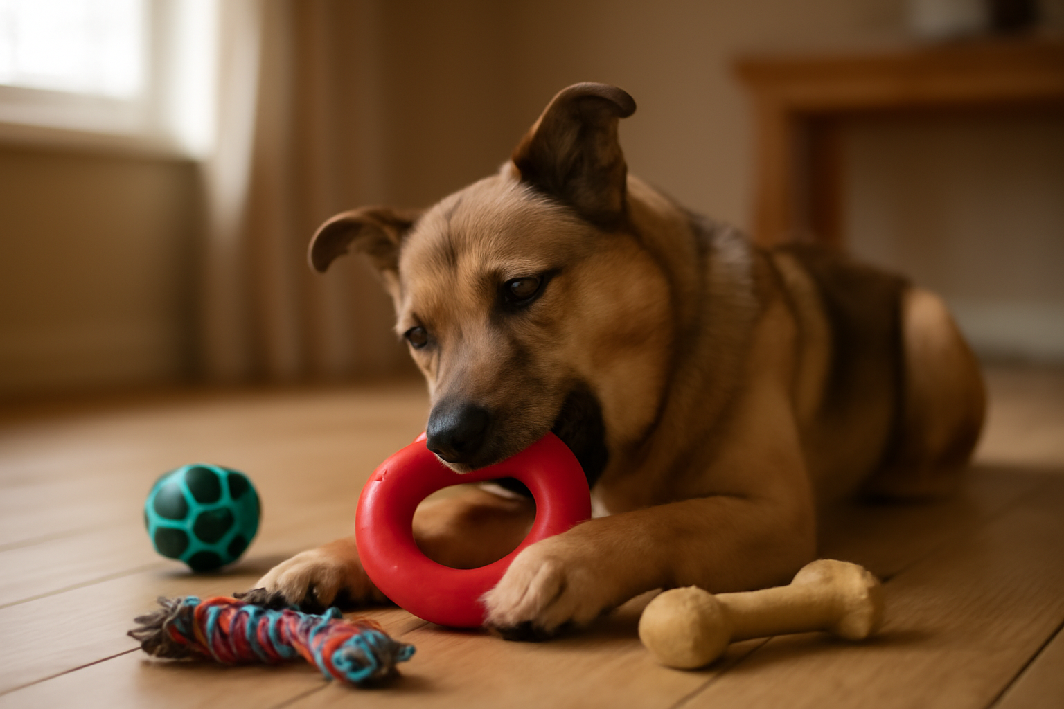 Anjing sedang mengunyah mainan karet di lantai kayu dengan beberapa mainan lain di sekitarnya