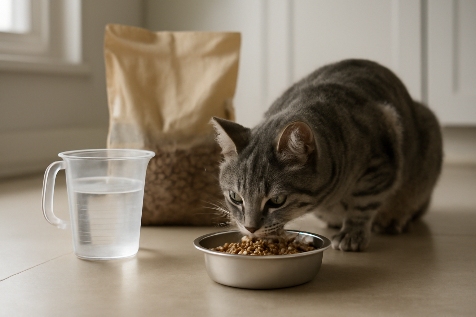 Kucing abu-abu sedang makan pakan kering dari mangkuk stainless steel di dapur