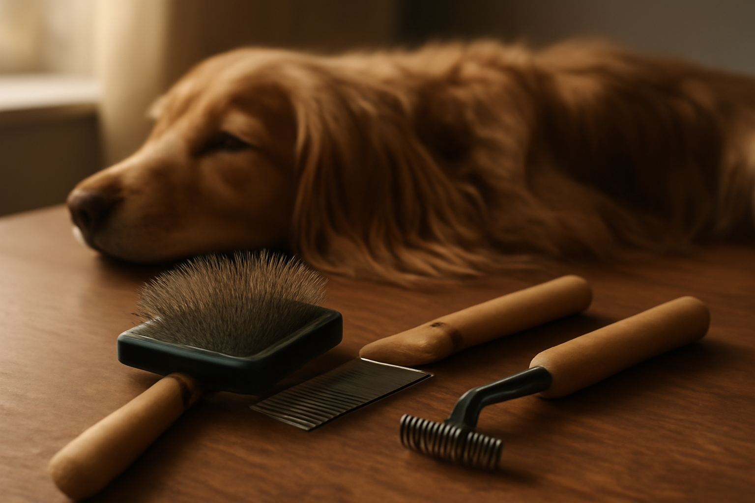 Slicker brush, sisir bergigi rapat, dan undercoat rake di samping anjing berbulu panjang yang sedang dirawat