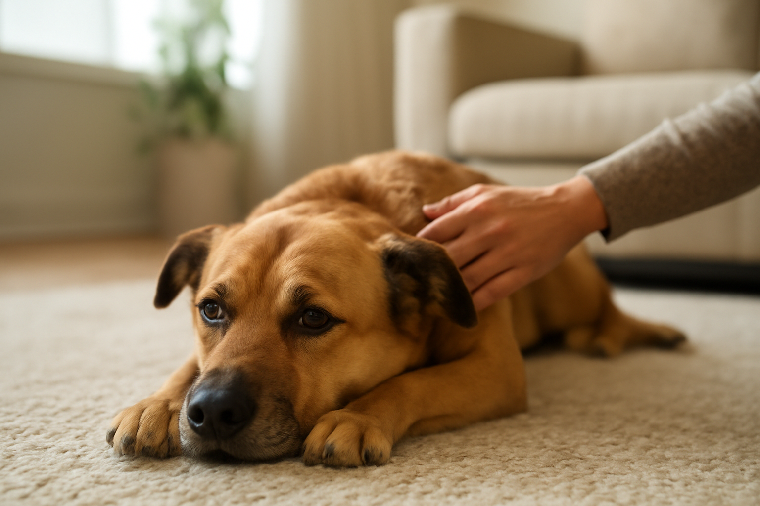 Anjing berbaring lesu di atas karpet sebagai salah satu ciri anjing sakit yang perlu diwaspadai