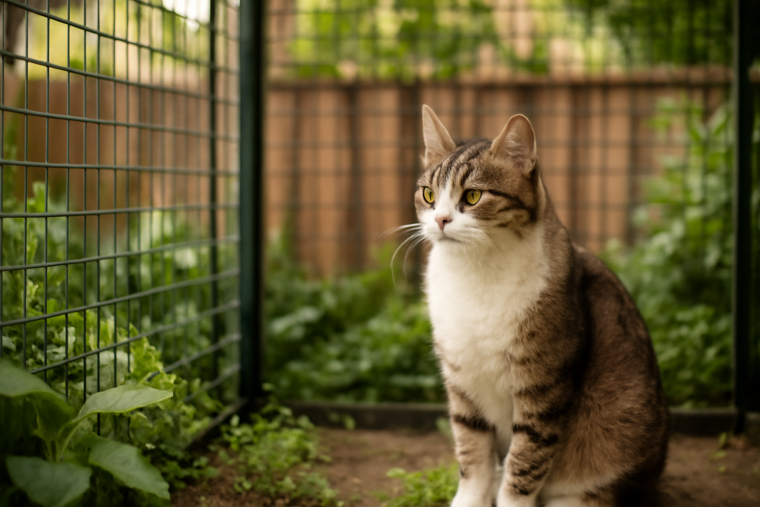 Kucing duduk di dalam run outdoor dengan pagar kayu dan tanaman hijau
