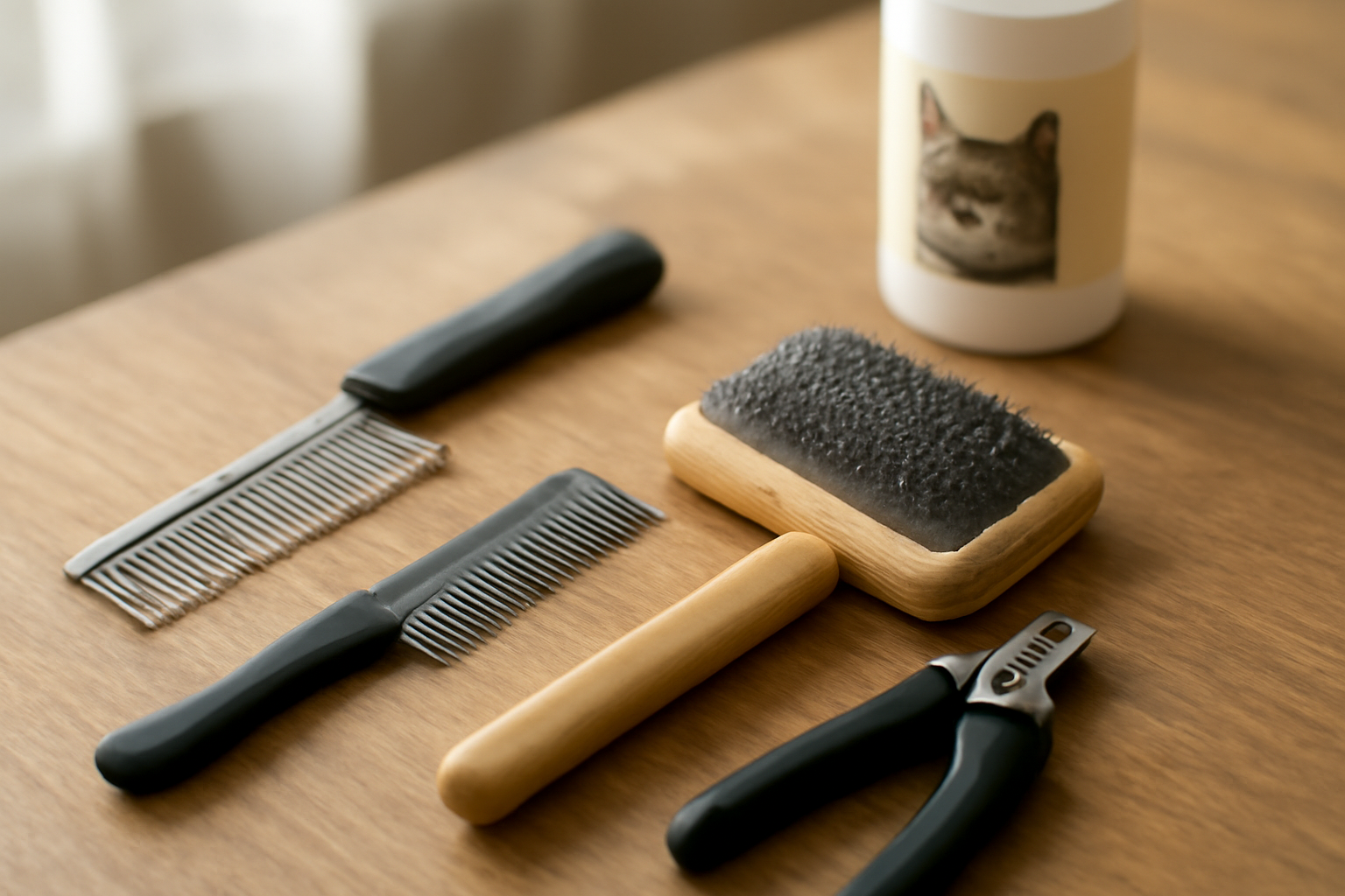 Berbagai alat grooming kucing seperti sisir, sikat, gunting kuku, dan shampo ditata di atas meja kayu.