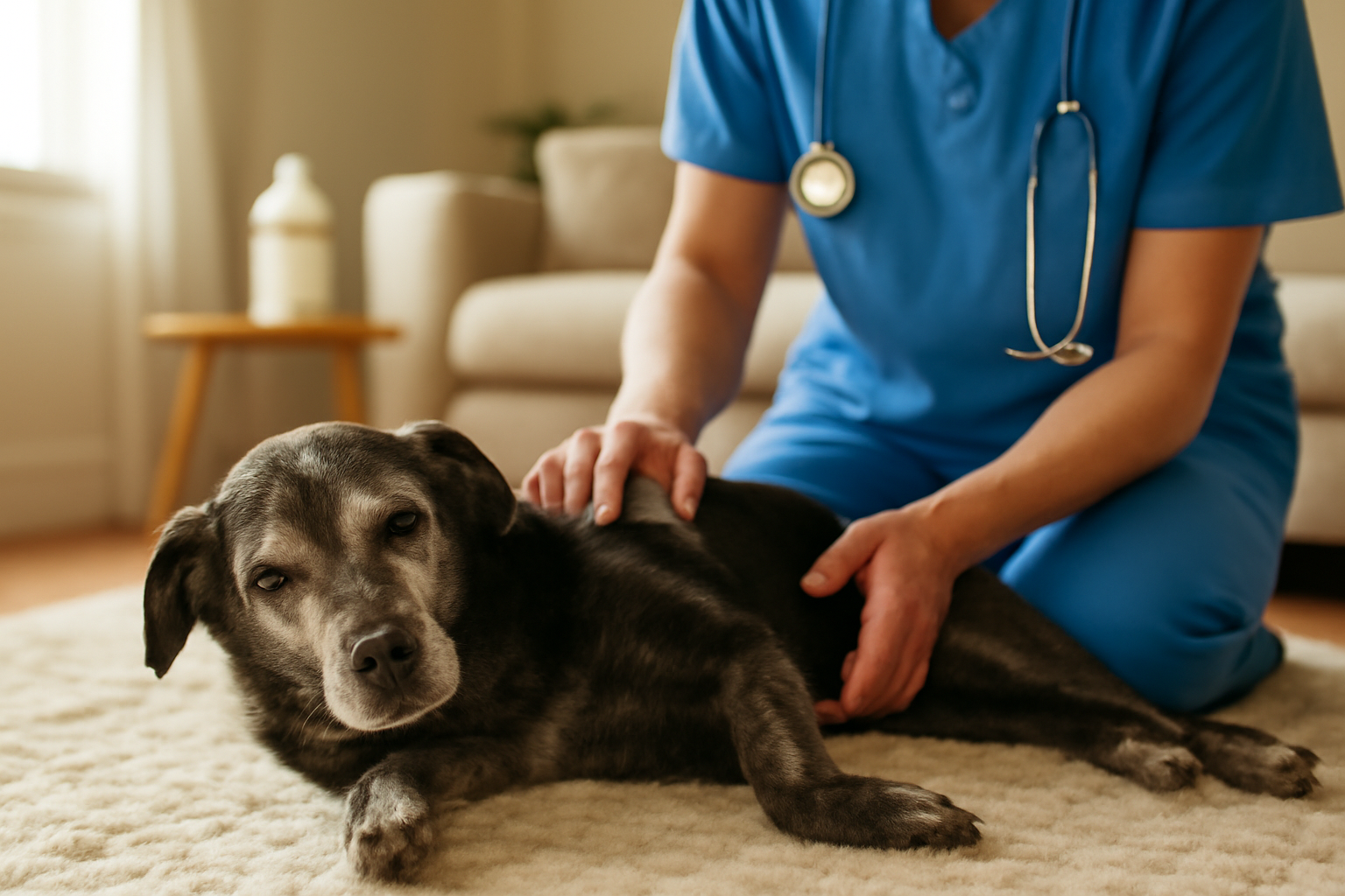 Dokter hewan memeriksa sendi anjing senior di ruang tamu